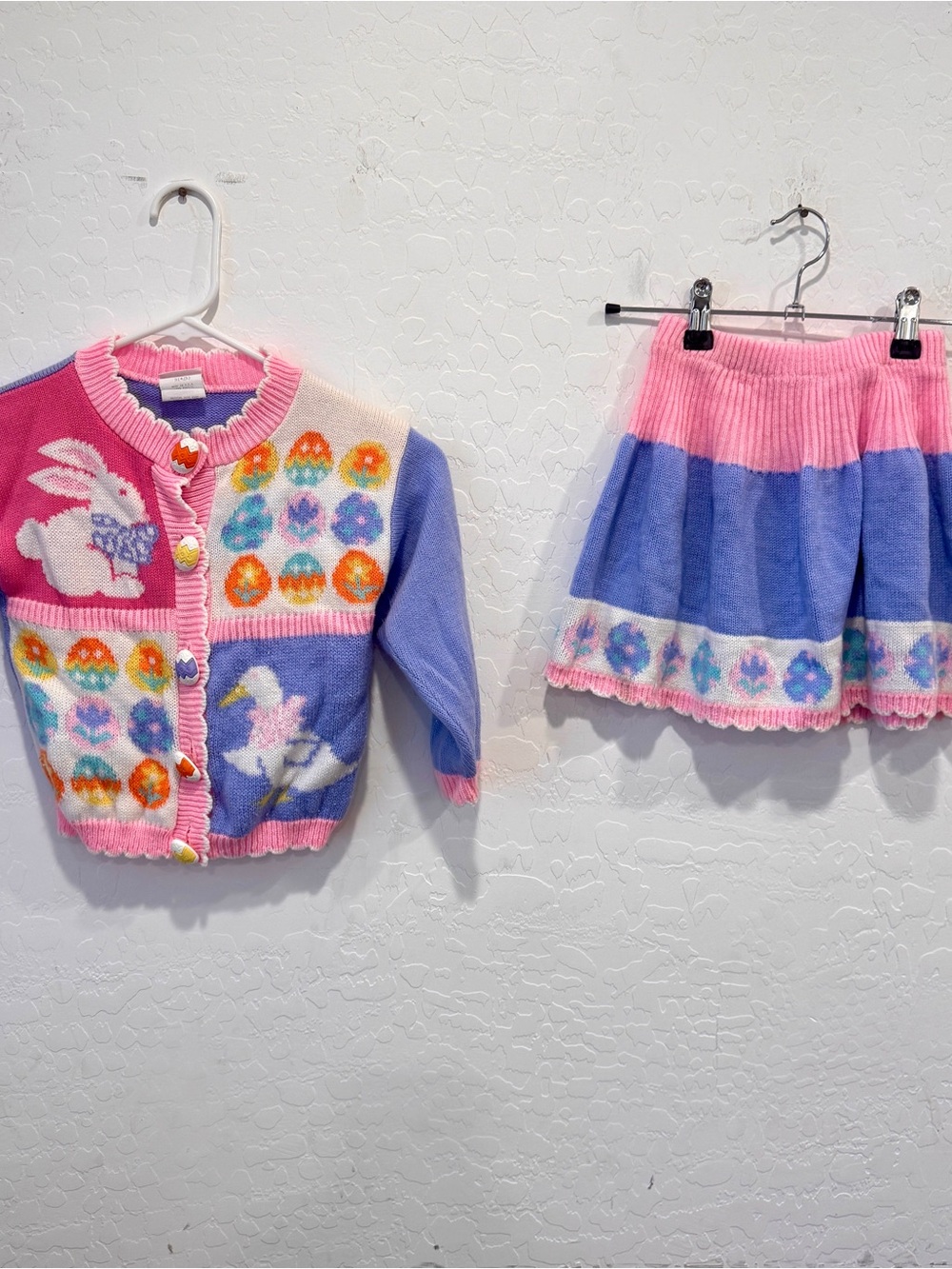 Vintage Girls Avon Style Patchwork Easter Cardigan Bunny Duck Eggs Sz 4/5 Pastel